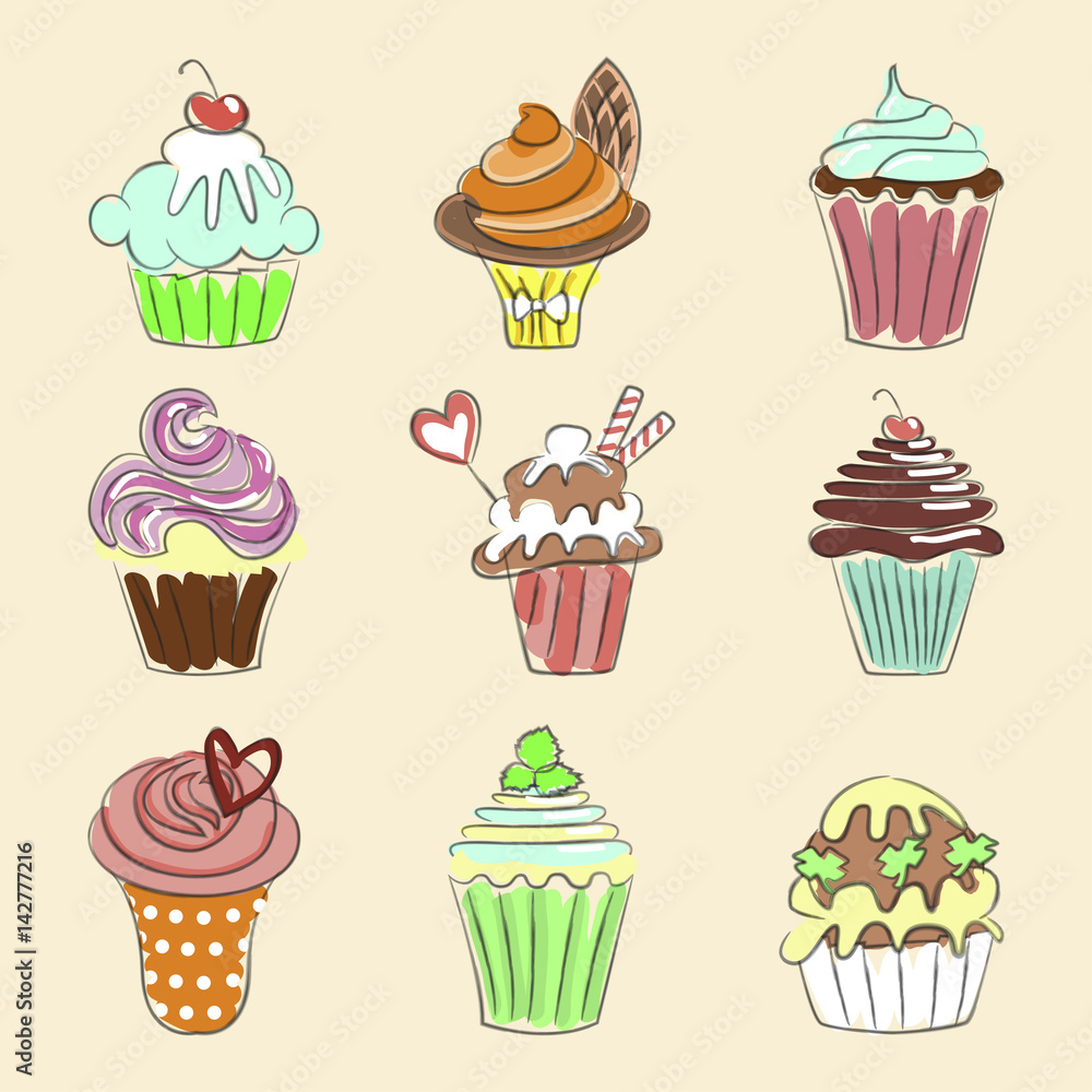 Collection of Hand drawn cupcakes, sketch style. Isolated on white background. Pastel colors. Vector illustration eps 10 Collection of Hand drawn cupcakes, sketch style. Isolated on white background. Pastel colors. Vector illustration eps 10