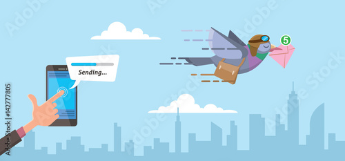 businessman sending email using smartphone on progress status pigeon courier with city skyline background flat vector illustration