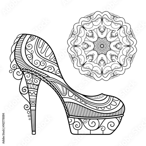 Vector Women's Shoes With Decorative Ornament. Women's Day. Isolated Object On White Background. Decorative Mandala