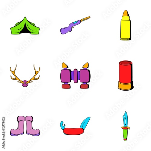 Hunting icons set, cartoon style