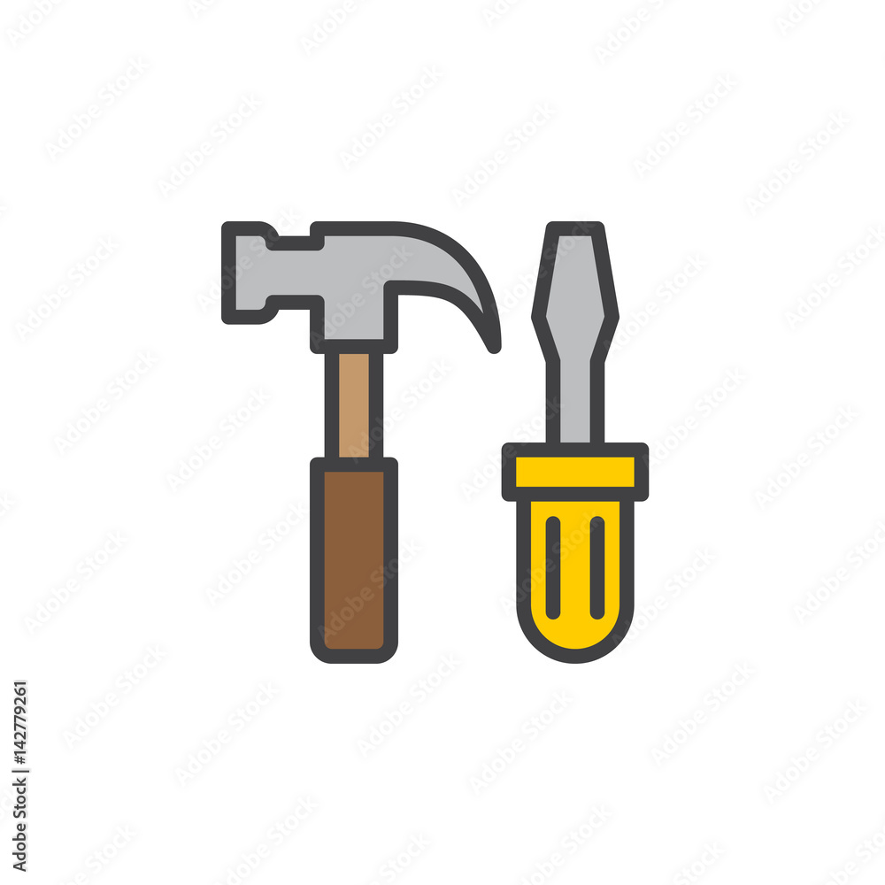 Tools, hammer and screwdriver filled outline icon, line vector sign, linear style pictogram isolated on white. Service symbol, logo illustration. Editable stroke. Pixel perfect Tools, hammer and screwdriver filled outline icon, line vector sign, linear style pictogram isolated on white. Service symbol, logo illustration. Editable stroke. Pixel perfect