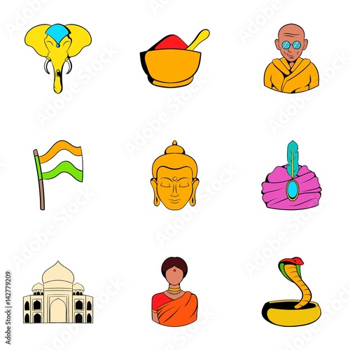 India icons set, cartoon style