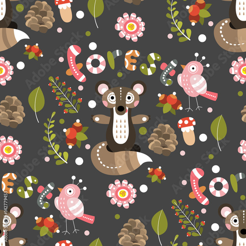 Seamless pattern on a forest theme. Vector illustration for design fabric, children's wallpaper or poster.