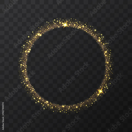 Abstract light gold vector circle on transparent background.   Round shining glitter circular light frame  Beautiful abstract golden luxury light ring of stars, Eclipse. Vector illustration.