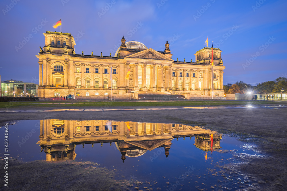 Reichstag building at night in Berlin, Germany