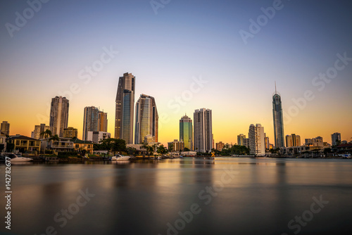 Sunset skyline of Gold Coast downtown in Queensland, Australia