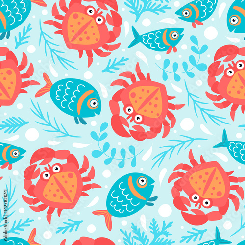 Seamless pattern with fish, fish and seaweed. Cartoon style