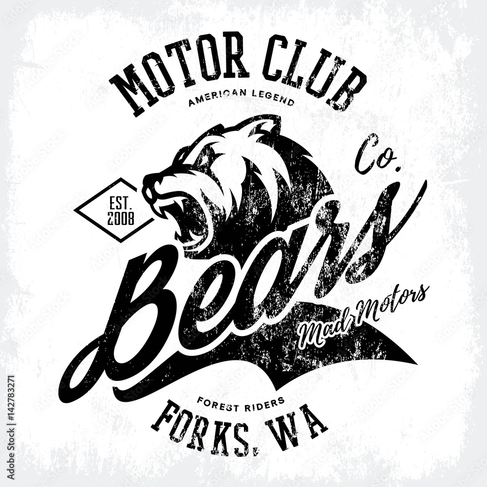 Naklejka premium Vintage American furious bear bikers club tee print vector design. Forks, Washington street wear t-shirt emblem. Premium quality wild animal superior logo concept illustration.