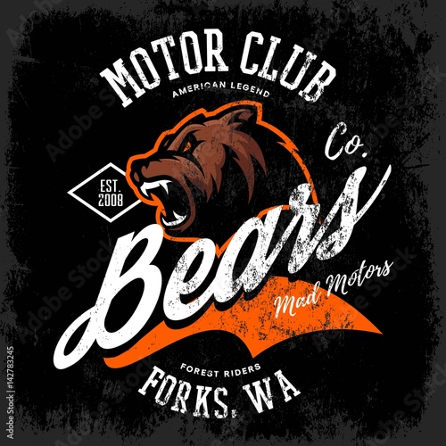 Vintage American furious bear bikers club tee print vector design. 
Forks, Washington street wear t-shirt emblem. Premium quality wild animal superior logo concept illustration.