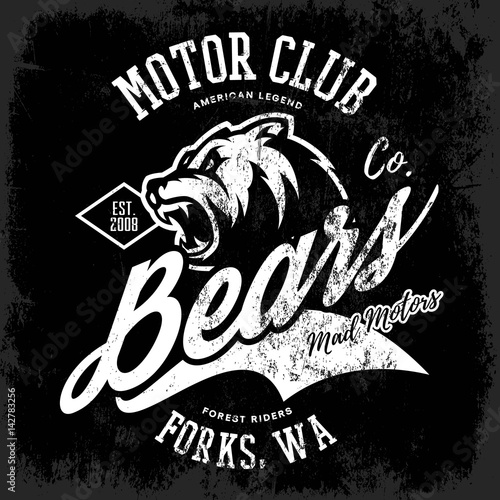 Vintage American furious bear bikers club tee print vector design. 
Forks, Washington street wear t-shirt emblem. Premium quality wild animal superior logo concept illustration.