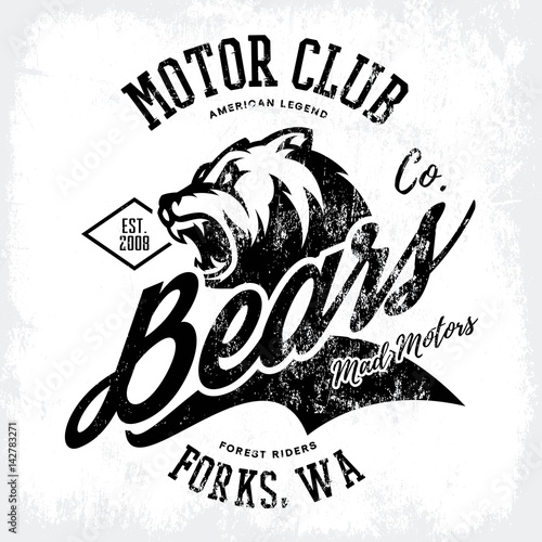 Vintage American furious bear bikers club tee print vector design. 
Forks, Washington street wear t-shirt emblem. Premium quality wild animal superior logo concept illustration.