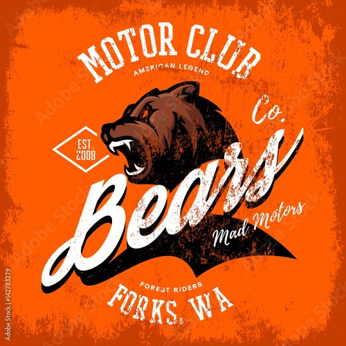 Vintage American furious bear bikers club tee print vector design. 
Forks, Washington street wear t-shirt emblem. Premium quality wild animal superior logo concept illustration.