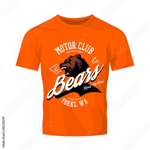 Vintage American furious bear bikers club tee print vector design isolated on orange t-shirt mockup.Premium quality wild animal superior logo concept illustration.