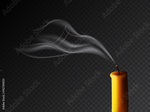 Vector realistic extinguished candle with smog on dark transparent background.