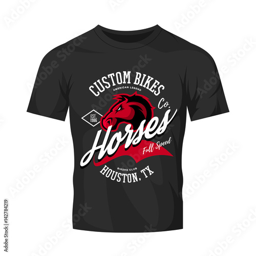 Vintage American furious horse bikers club tee print vector design isolated on black t-shirt mockup.Premium quality wild animal superior logo concept illustration.