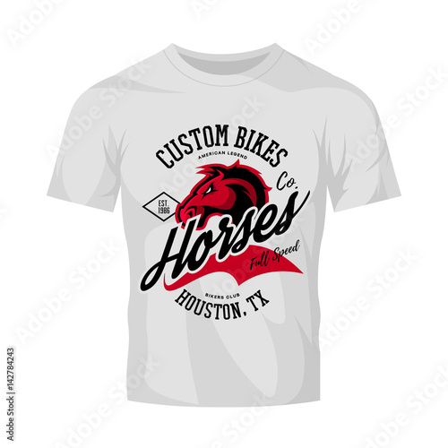 Vintage American furious horse bikers club tee print vector design isolated on white t-shirt mockup.Premium quality wild animal superior logo concept illustration.