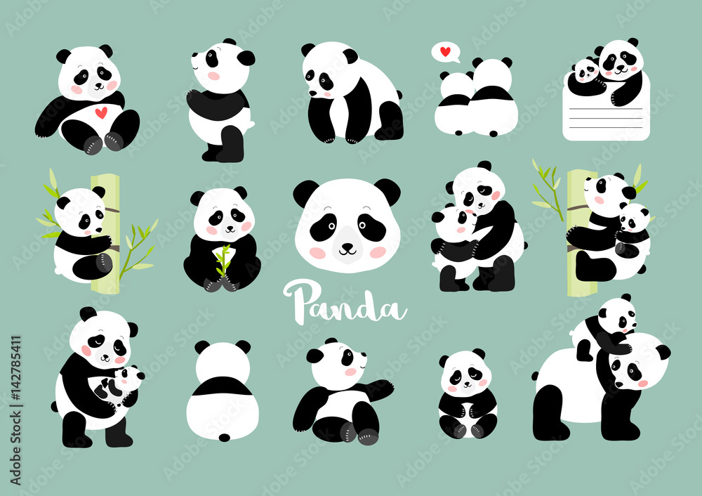 Obraz premium Zestaw figurek Panda, ilustracji wektorowych na białym tle