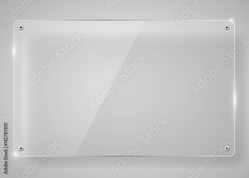 Realistic horizontal transparent glass frame with shadow. Modern background. photo