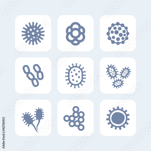 bacteria, microbes and viruses icons set on white
