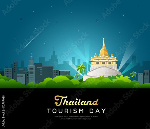 Thailand tourist landmarks worshipers on important buddhist, at night background vector illustration