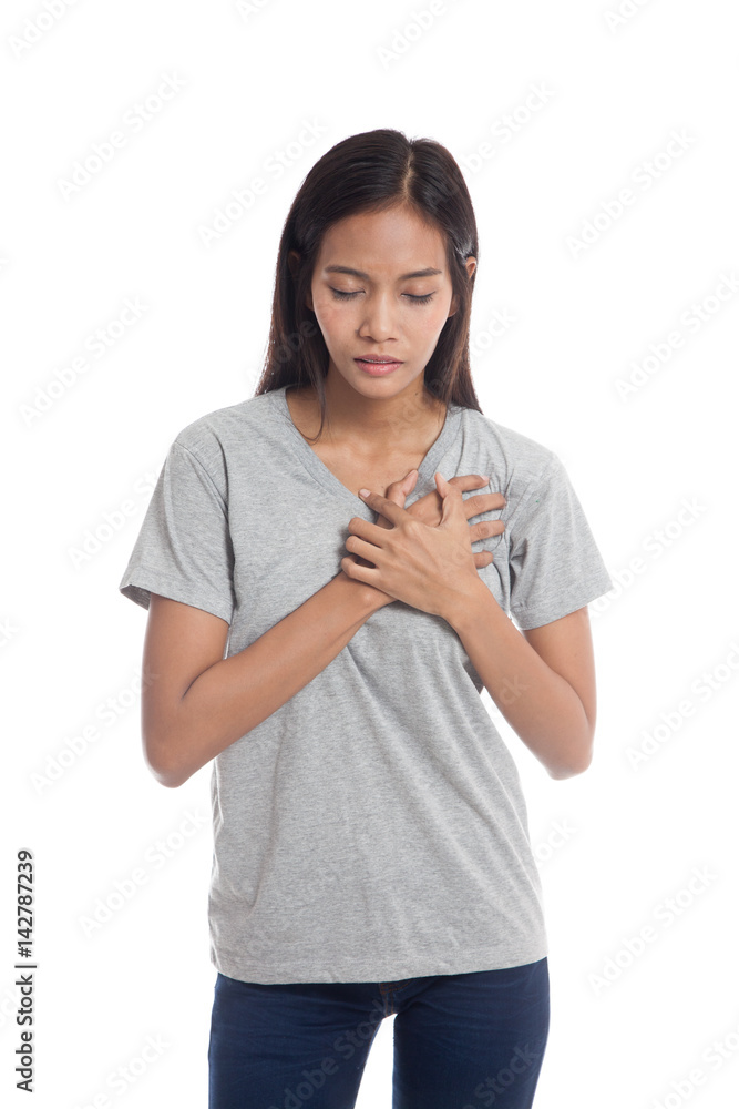 Young Asian woman got chest pain.