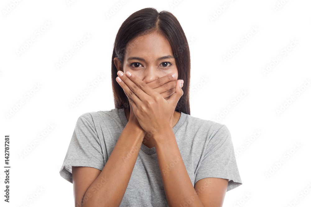 Beautiful young Asian woman close her mouth. Beautiful young Asian woman close her mouth.