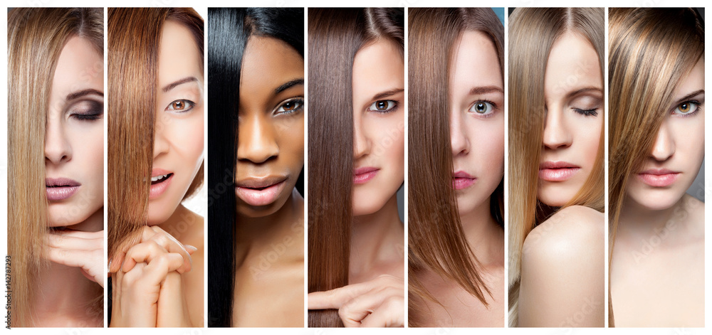 Collage of women with various hair color, skin tone and complexion - obrazy, fototapety, plakaty 