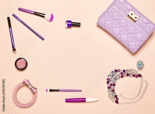 Fashion lady accessories set. Falt Lay. Stylish handbag. Make-Up brushes. Jewelry and nail polish. Women accessories