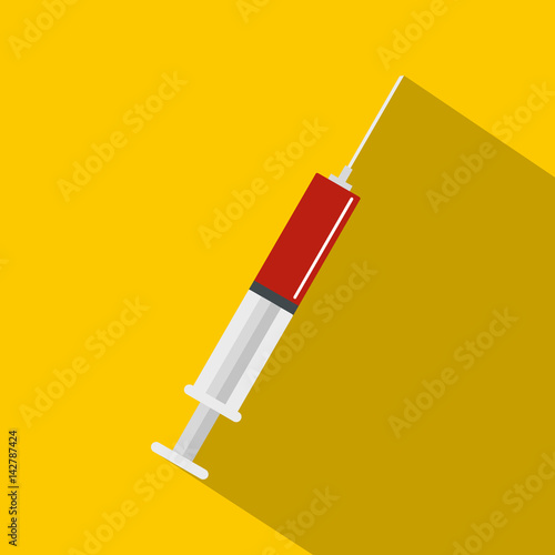 Syringe with red liquid icon, flat style