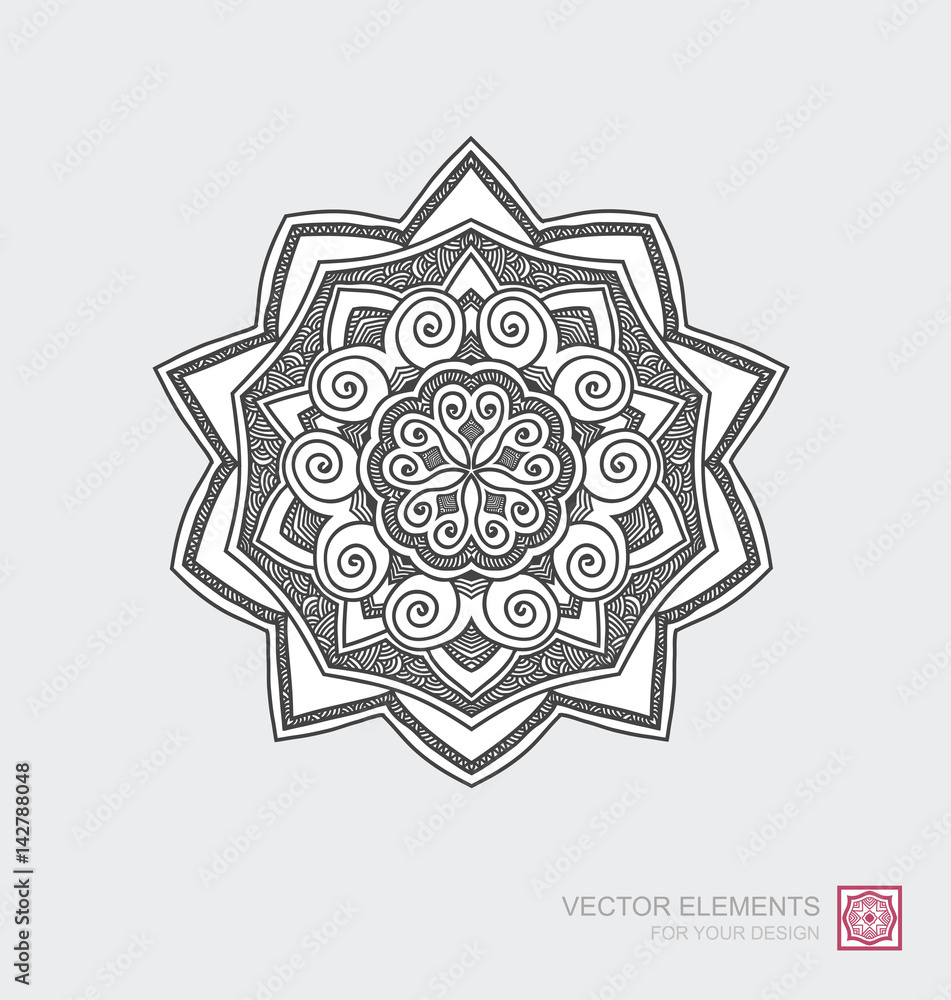 Floral abstract ornament of round shape. Mandala, graphic elements are drawn by hand. Modernistic Art.