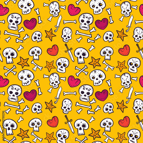 pattern with skulls and hearts, bones and daggers, colorful seamless background