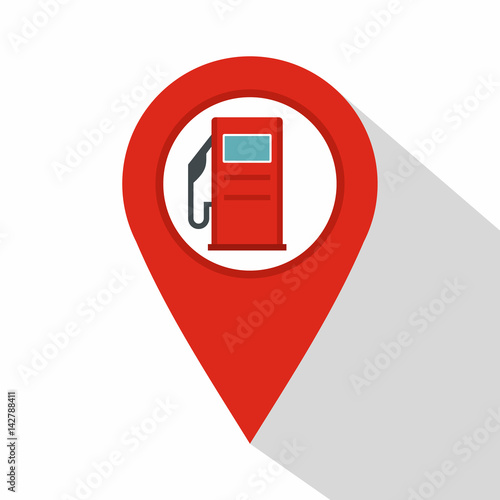 Red map pin with gas station sign icon, flat style