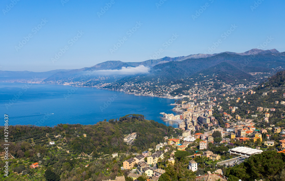 Aerial view of city of Camogli , Genoa Province, Liguria, Mediterranean coast, Italy