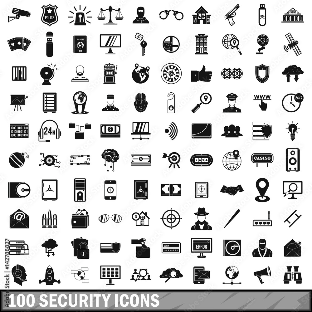 100 security icons set, simple style 100 security icons set, simple style