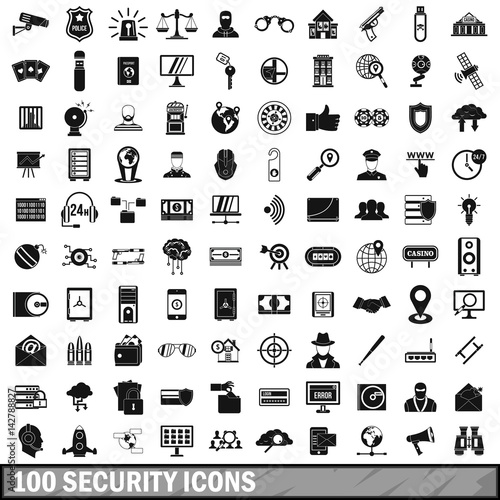 100 security icons set, simple style 
