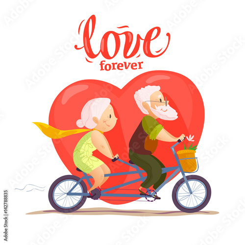 Vector flat portrait of old cute loving couple isolated on white background. Cartoon style. Love forever. Grandparents characters illustration. Happy people. Good for lovely postcard design.