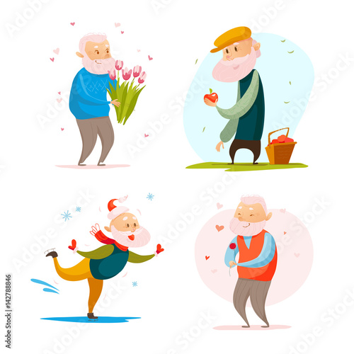 Vector flat portrait of old cute loving couple isolated on white background. Cartoon style. Love forever. Grandparents characters illustration. Happy people. Good for lovely postcard design.