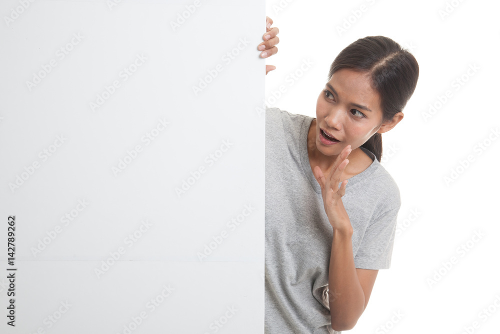 Excited young Asian woman with blank sign. Excited young Asian woman with blank sign.
