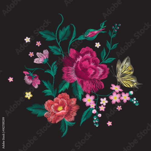 Embroidery brigth trend floral pattern with butterfly. Vector traditional folk roses and forget me not flowers bouquet on black background for clothing design.