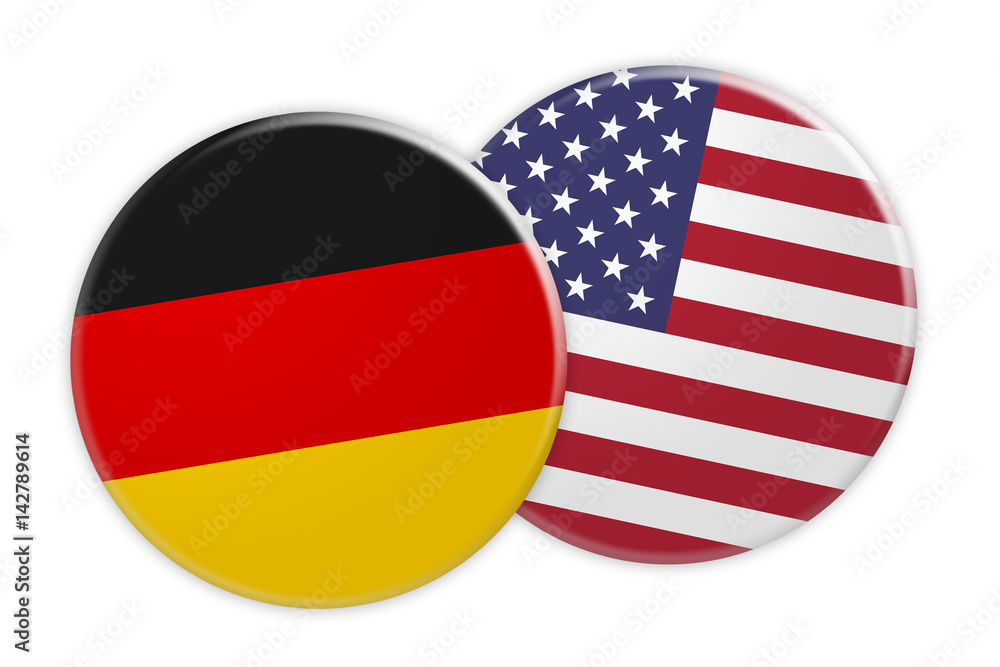 News Concept: Germany Flag Button On US Flag Button, 3d illustration on white background News Concept: Germany Flag Button On US Flag Button, 3d illustration on white background