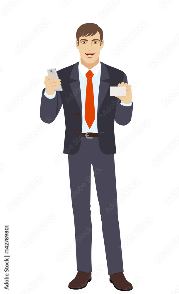 Businessman with mobile phone shows the business card Businessman with mobile phone shows the business card