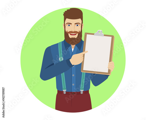 Hipster pointing on clipboard