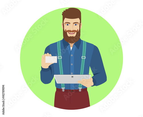 Hipster holding digital tablet PC and showing the business card