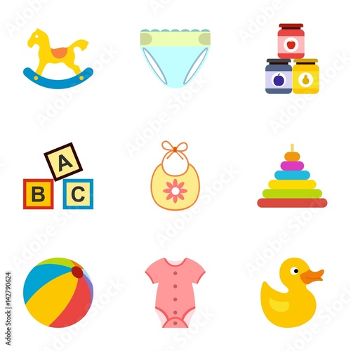 Things for baby icons set, flat style