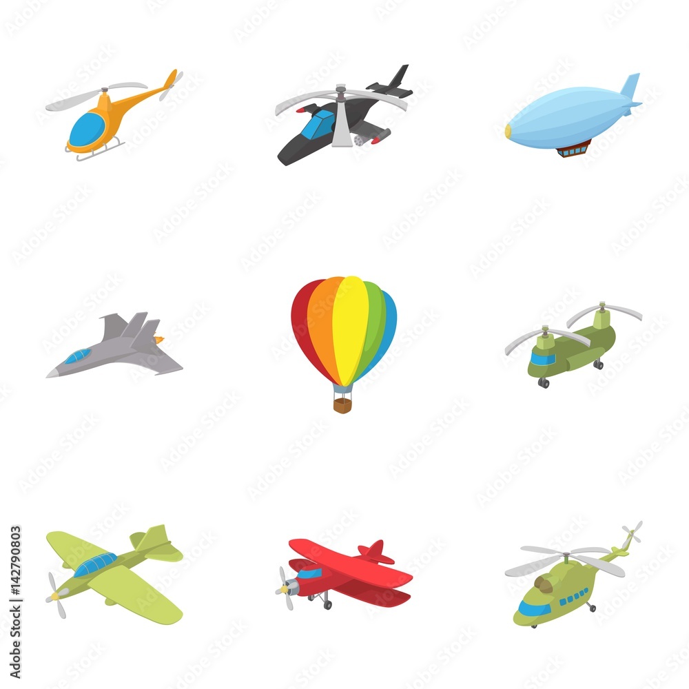Fototapeta premium Flying vehicles icons set, cartoon style