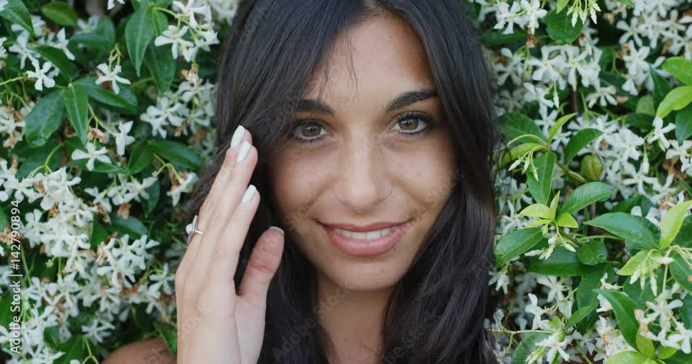 Close up portrait of beautiful young woman running hand through hair smiling in front of wall of flowers outdoors slow motion Close up portrait of beautiful young woman running hand through hair smiling in front of wall of flowers outdoors slow motion