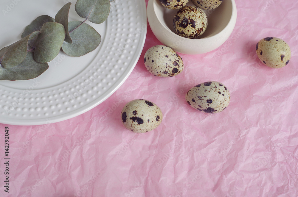 Table setting with white plate, green twig and quail eggs on a pink tissue paper. Prepare to Easter. Table setting with white plate, green twig and quail eggs on a pink tissue paper. Prepare to Easter.