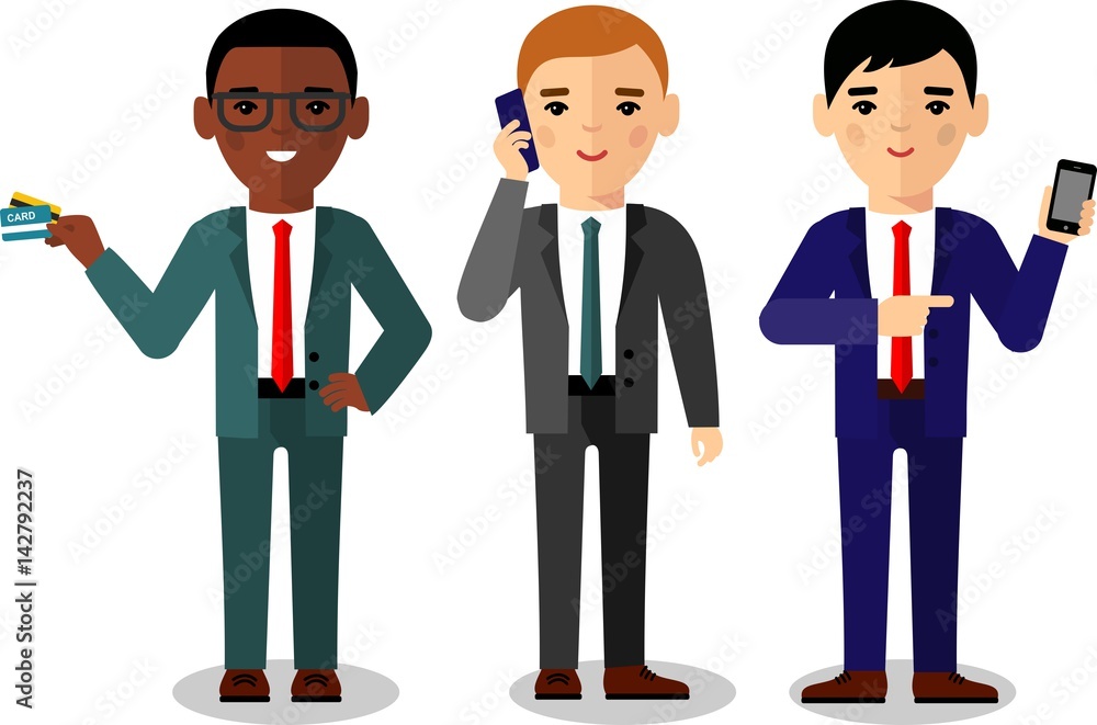 business people in different positions with documents, gadgets, bank cards.