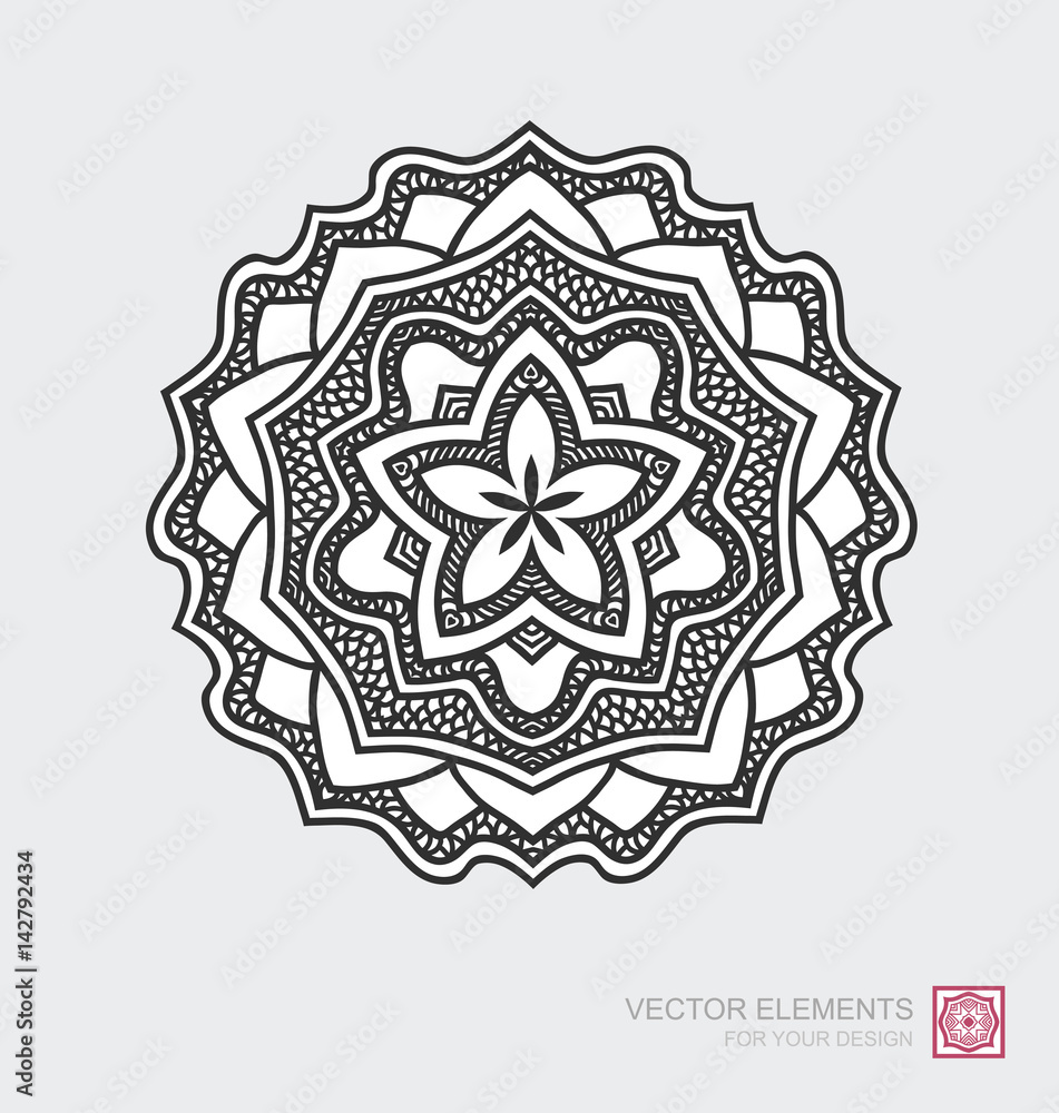 Floral abstract ornament of round shape. Mandala, graphic elements are drawn by hand. Modernistic Art.