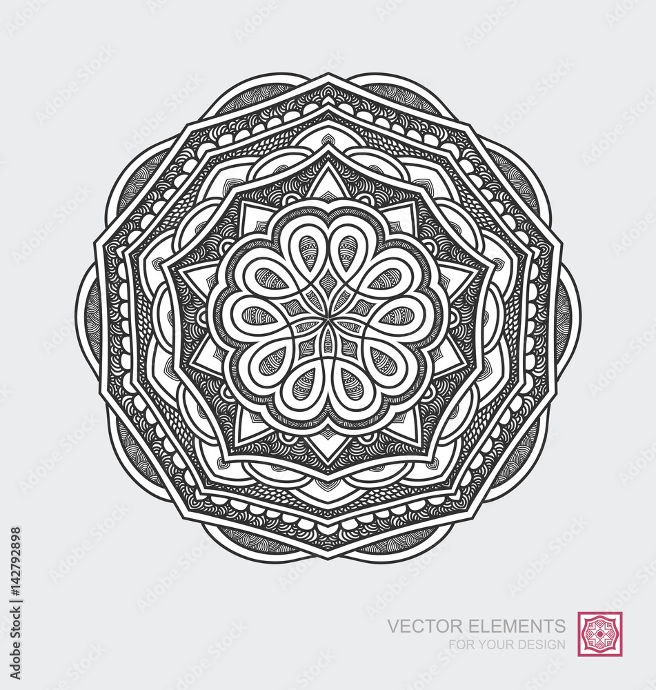 Floral abstract ornament of round shape. Mandala, graphic elements are drawn by hand. Modernistic Minimalist Art.